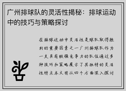 广州排球队的灵活性揭秘：排球运动中的技巧与策略探讨