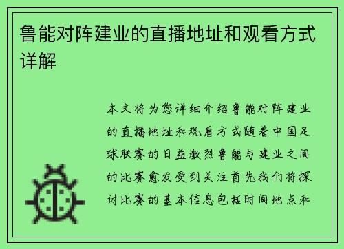 鲁能对阵建业的直播地址和观看方式详解