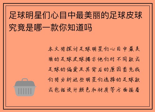 足球明星们心目中最美丽的足球皮球究竟是哪一款你知道吗